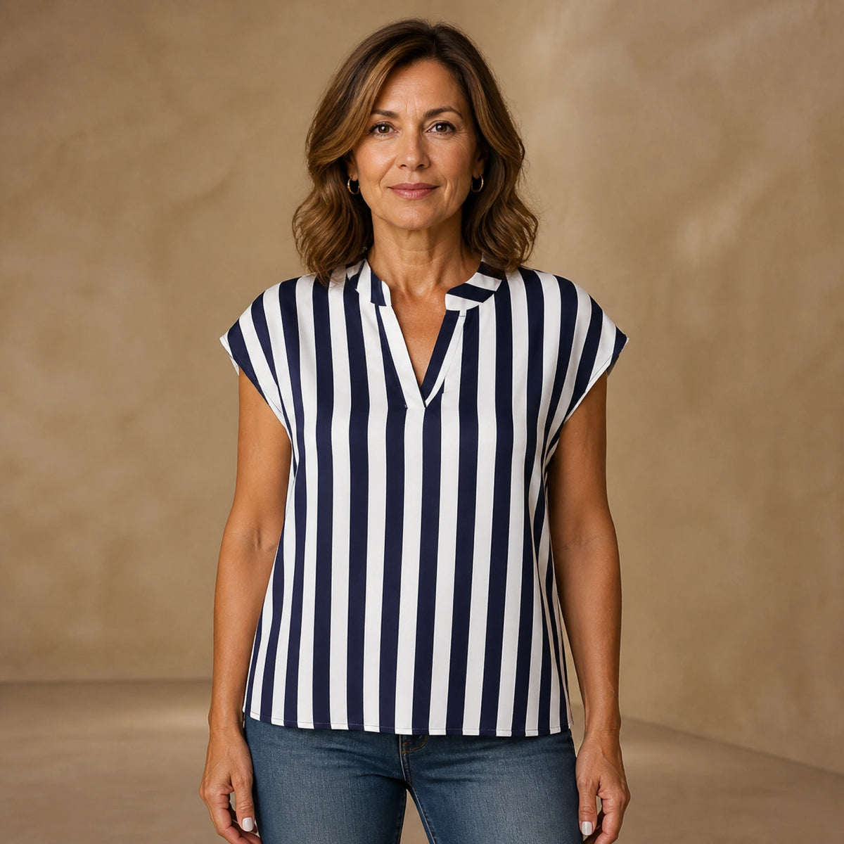 Navy and white stripe loose satin blouse front view on a mature woman