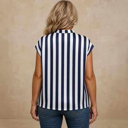 Navy and white stripe satin blouse direct rear view — view 3