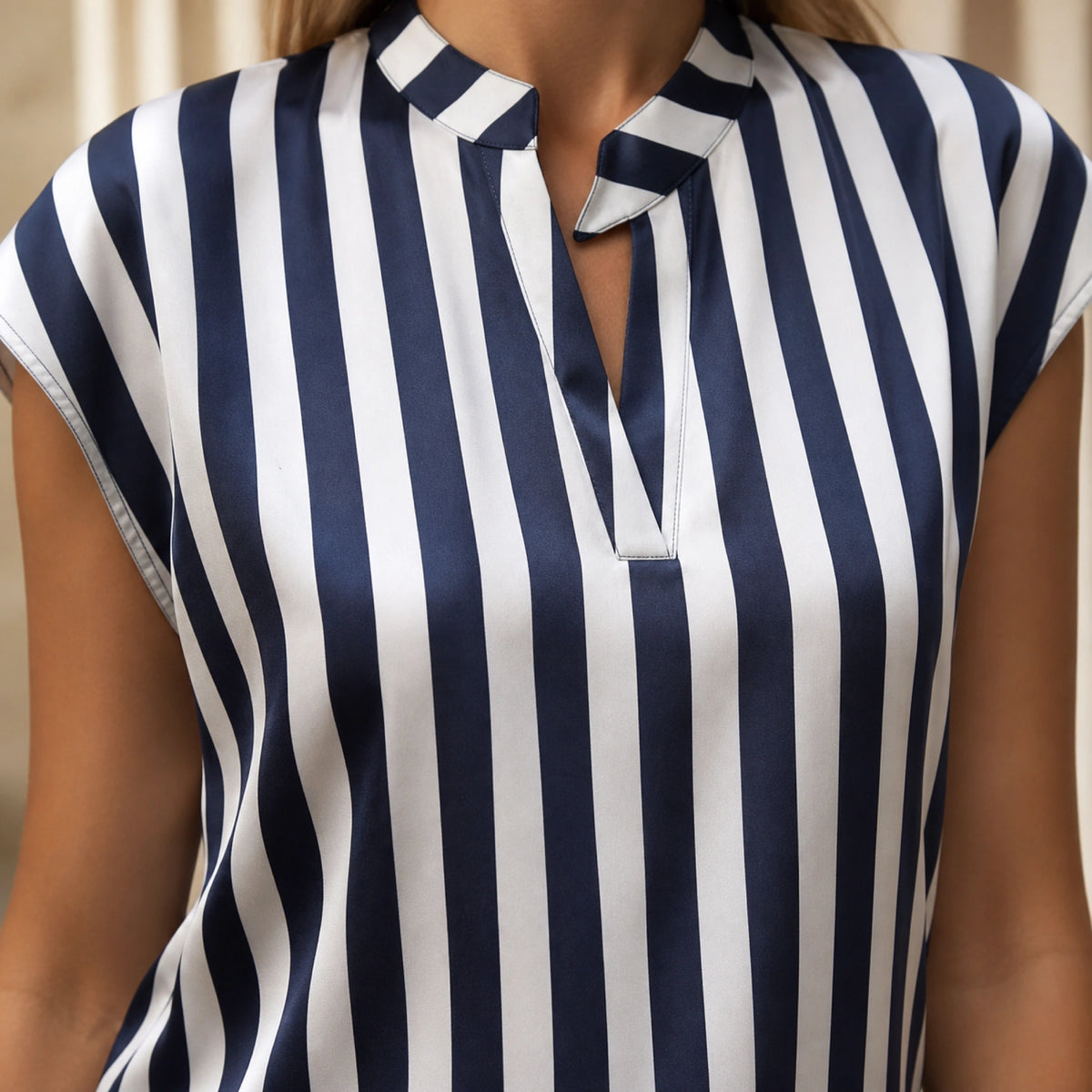 Navy and white stripe satin blouse neckline fabric detail — view 4
