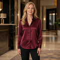 Burgundy silky drape satin blouse complete front view