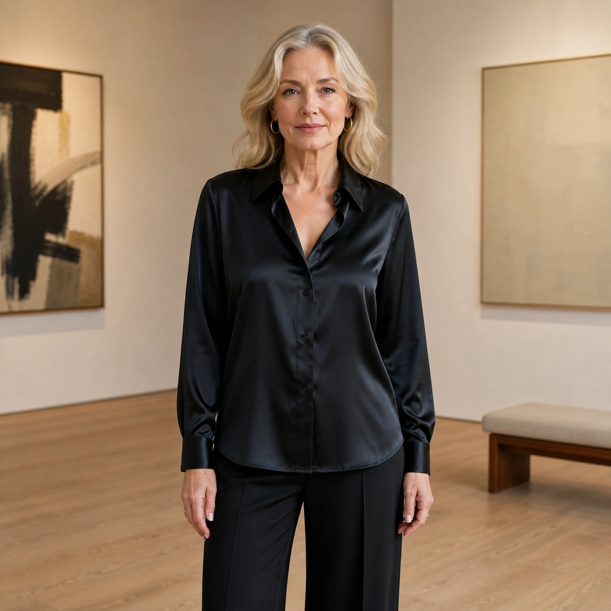 Black silky drape satin blouse complete front view — view 2