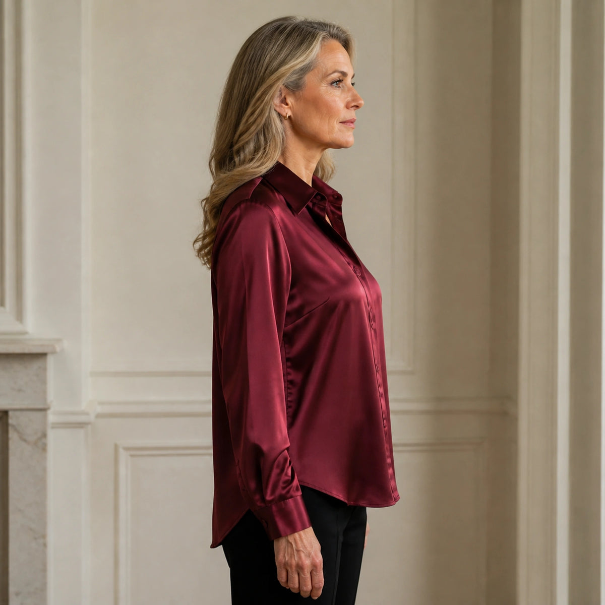 Burgundy satin blouse true side view — view 5