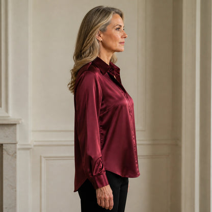 Burgundy satin blouse true side view — view 5