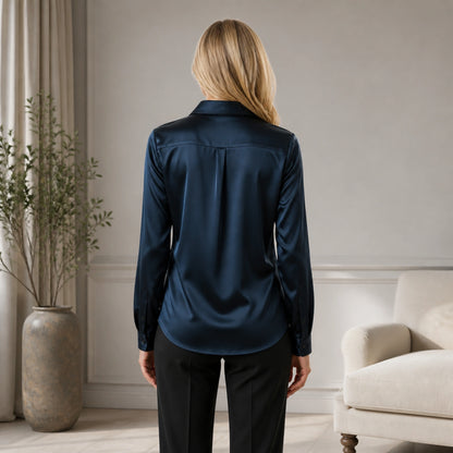 Navy blue satin blouse direct rear view — view 6
