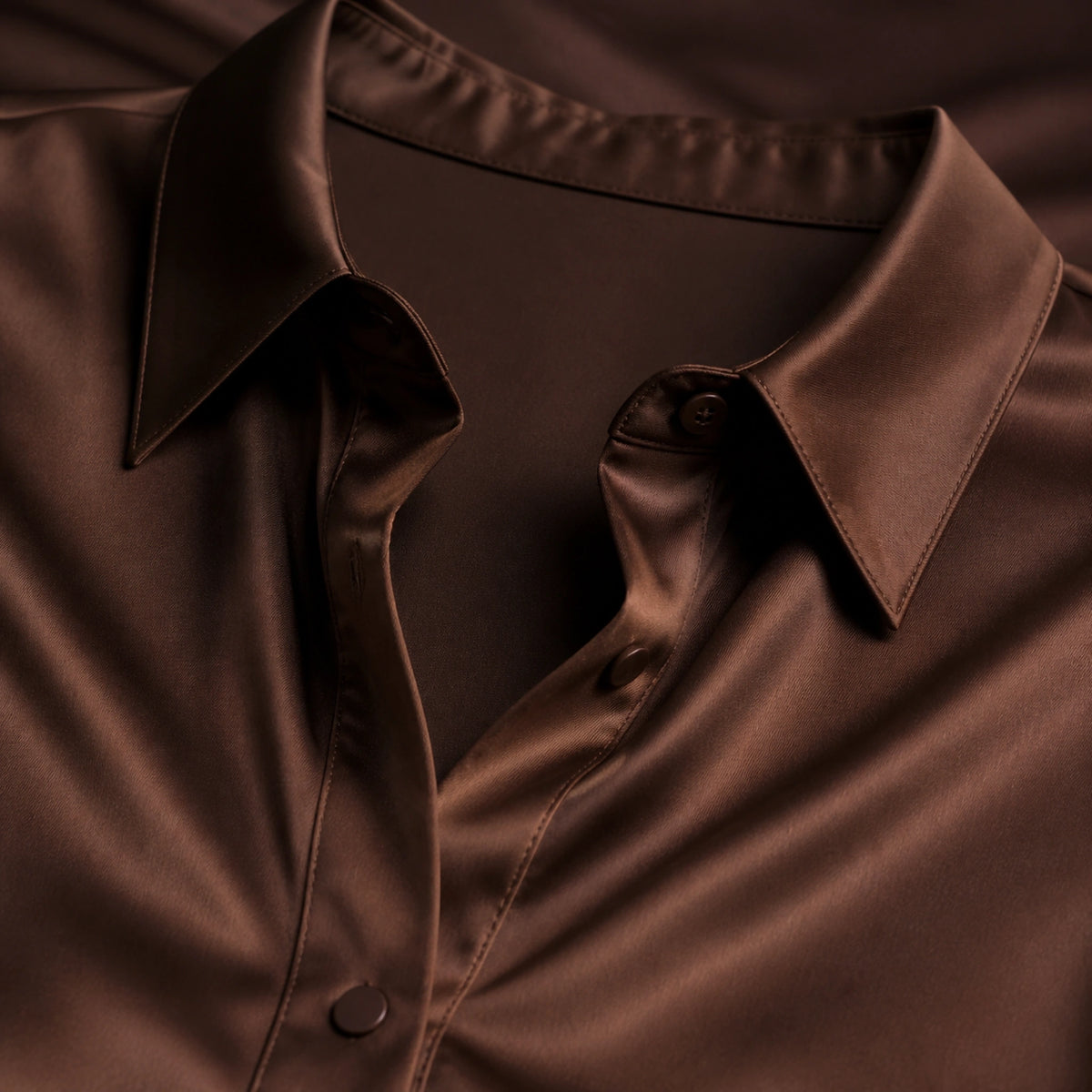 Brown satin blouse collar button and fabric detail — view 7