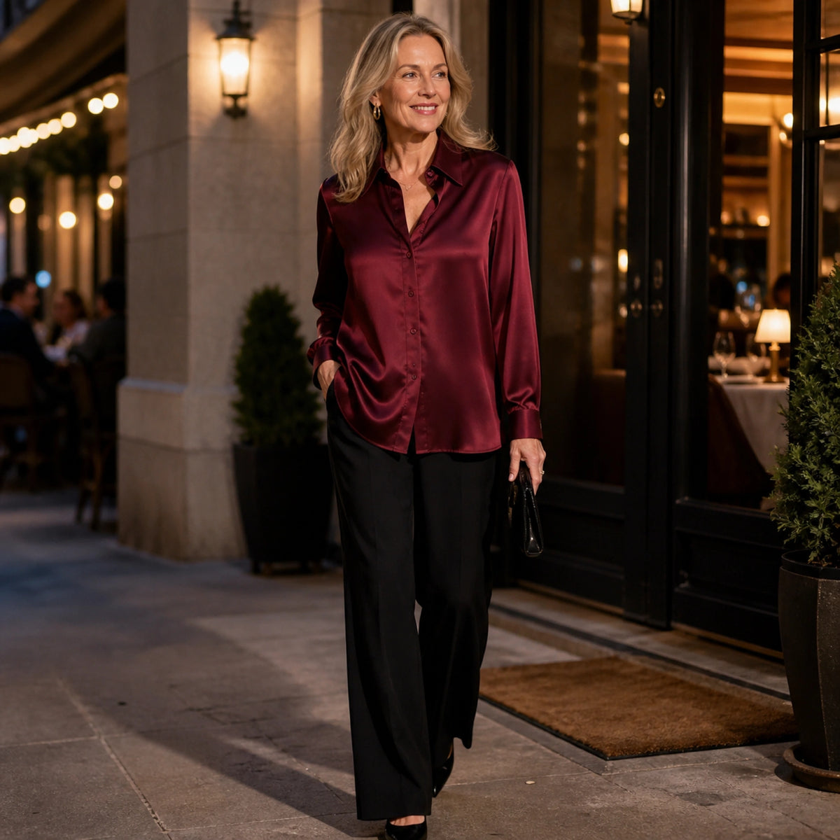 Woman wearing a burgundy satin blouse outside an upscale restaurant — view 8