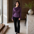Deep plum draped flare sleeve satin blouse complete front view
