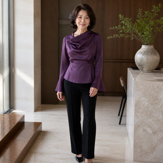 Deep plum draped flare sleeve satin blouse complete front view