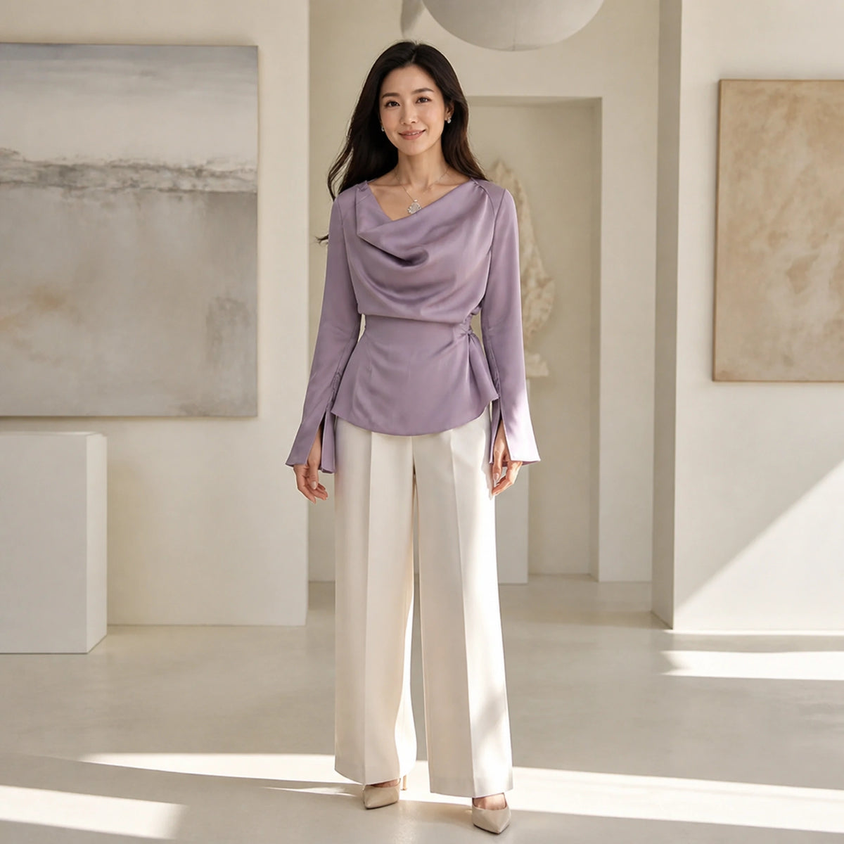 Lavender draped flare sleeve satin blouse complete front view — view 3