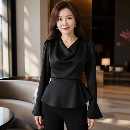 Black draped flare sleeve satin blouse complete front view — view 5