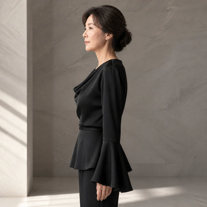 Black draped satin blouse true side view — view 7