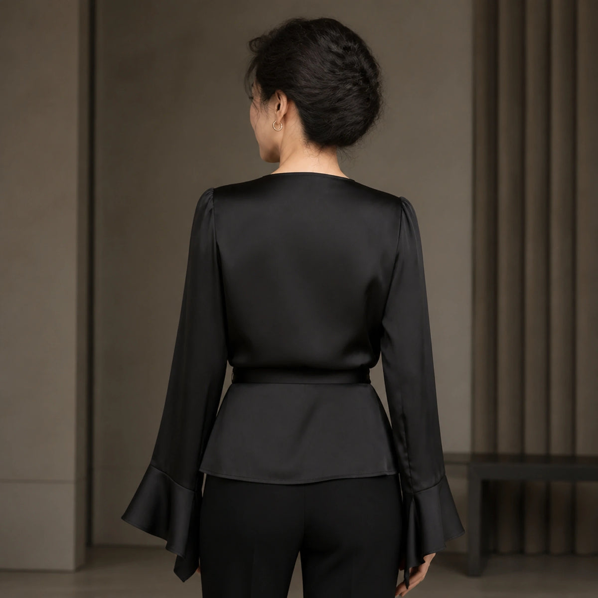 Black draped satin blouse direct rear view — view 8