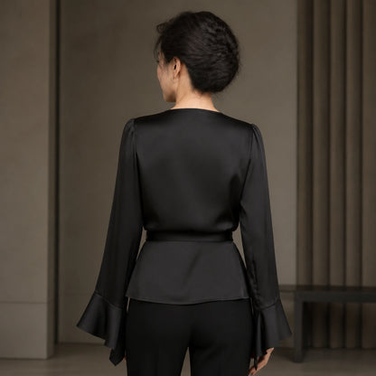 Black draped satin blouse direct rear view — view 8