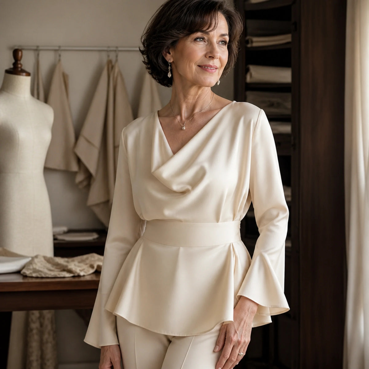 Champagne ivory satin blouse neckline waist and cuff detail — view 9