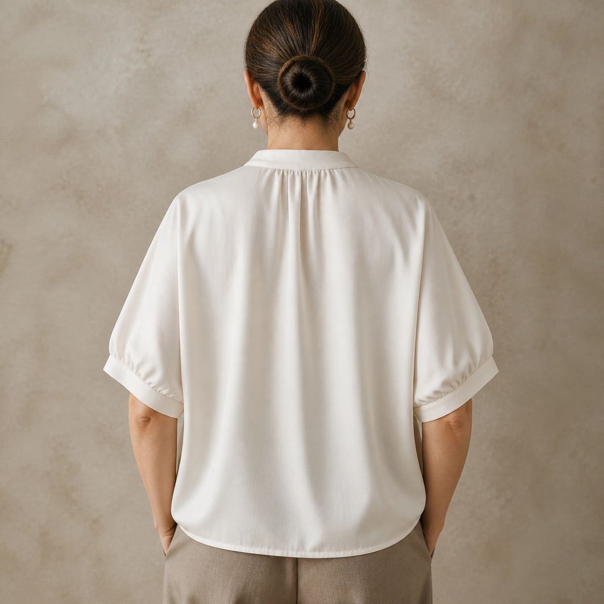 Champagne gathered satin blouse direct rear view — view 3