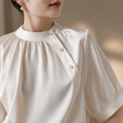 Champagne satin blouse gathered collar and gold button detail — view 4