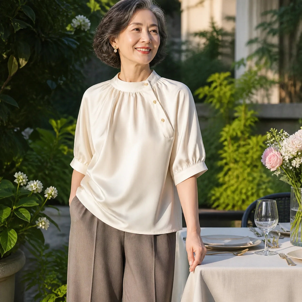 Woman in her sixties wearing a champagne satin blouse at garden lunch — view 6