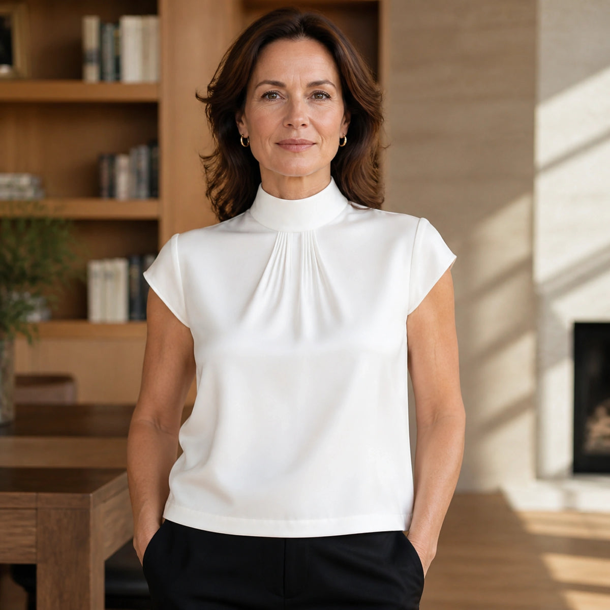 White high neck pleated satin blouse complete front view on a mature woman — view 2