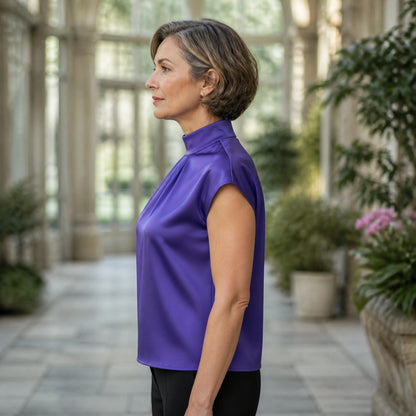 Violet high neck satin blouse true side view — view 4