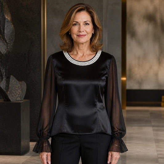 Black pearl neck sheer sleeve satin blouse complete front view — view 2