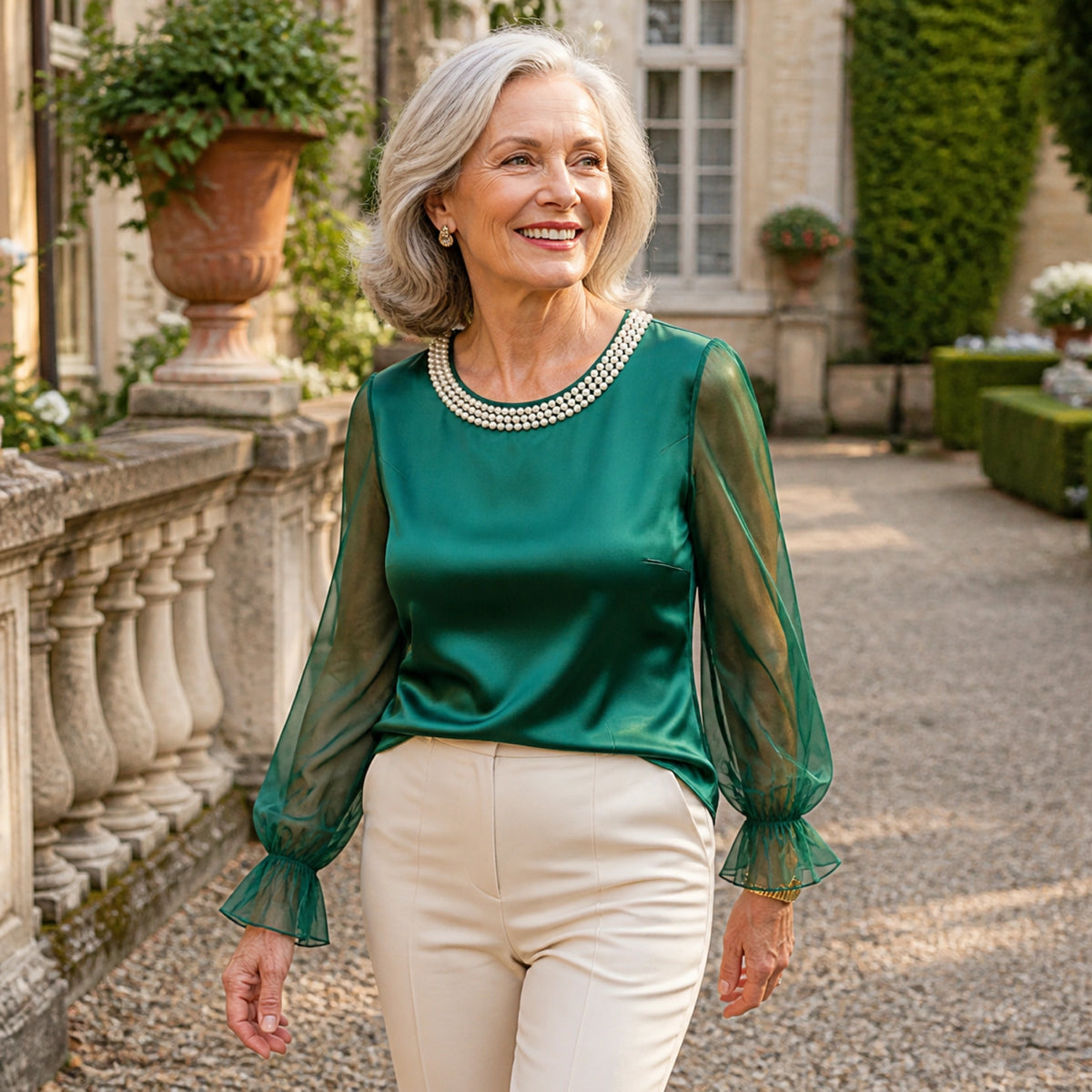 Woman in her sixties wearing an emerald green pearl neck satin blouse a historic garden — view 8