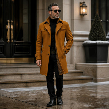 Brown tailored wool winter coat complete front view on a mature man