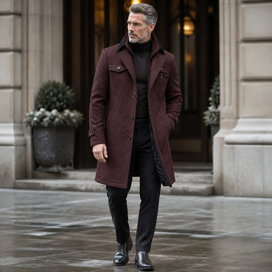 Burgundy tailored wool winter coat complete front view on a mature man — view 2