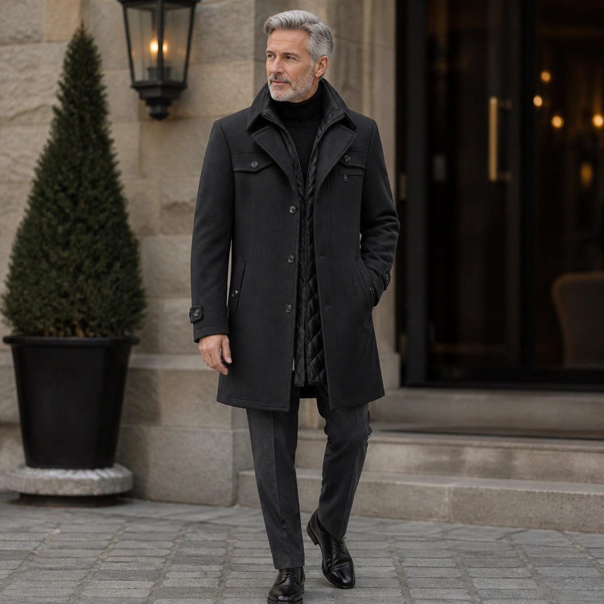 Gray tailored wool winter coat complete front view on a mature man — view 3