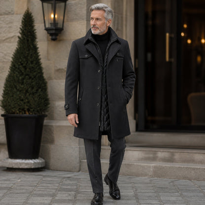 Gray tailored wool winter coat complete front view on a mature man — view 3