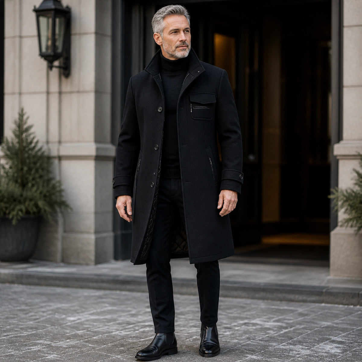 Black tailored wool winter coat complete front view on a mature man — view 4