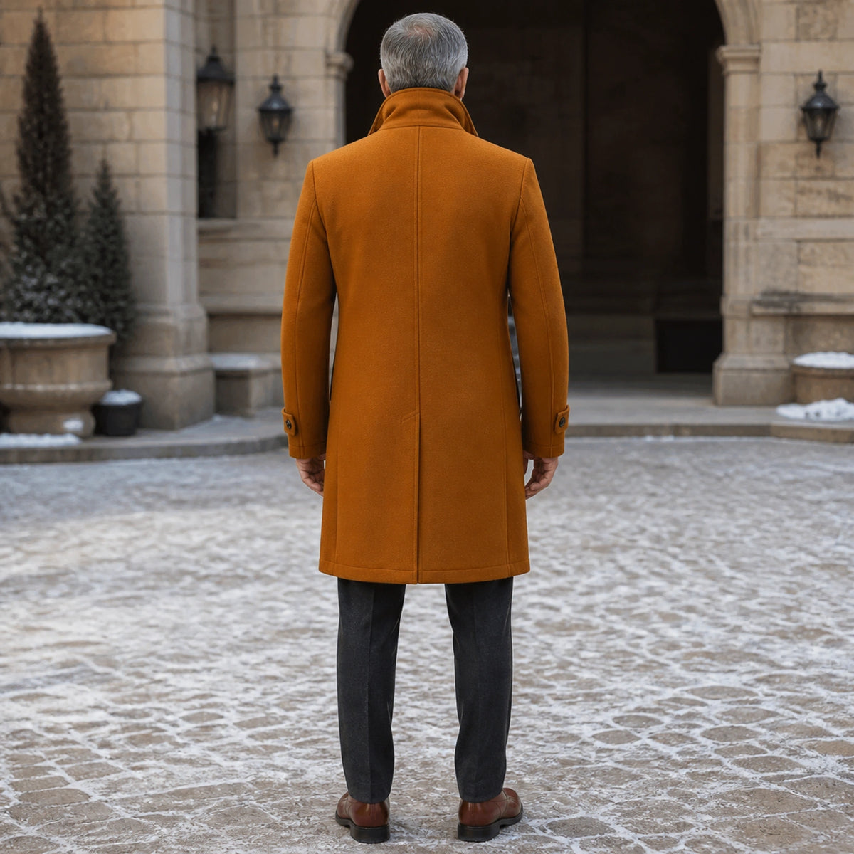 Brown tailored wool winter coat direct rear view — view 6