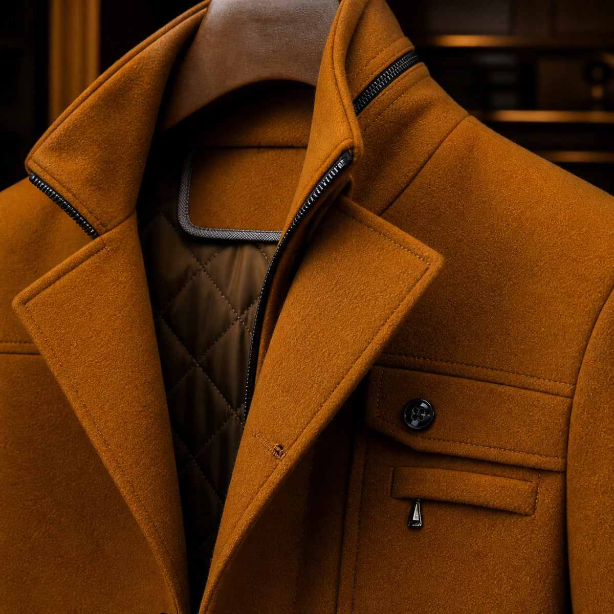 winter coat — Brown wool coat layered collar zip pocket and quilted lining detail — view 7