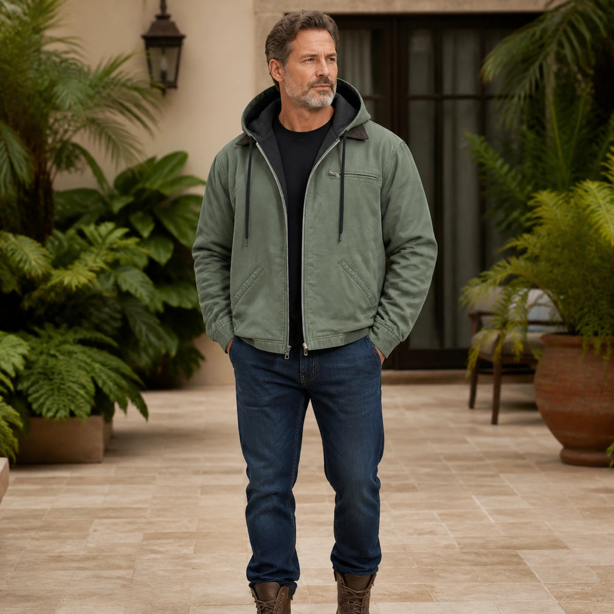 winter coat — Sage green fleece lined hooded workwear jacket complete front view — view 2