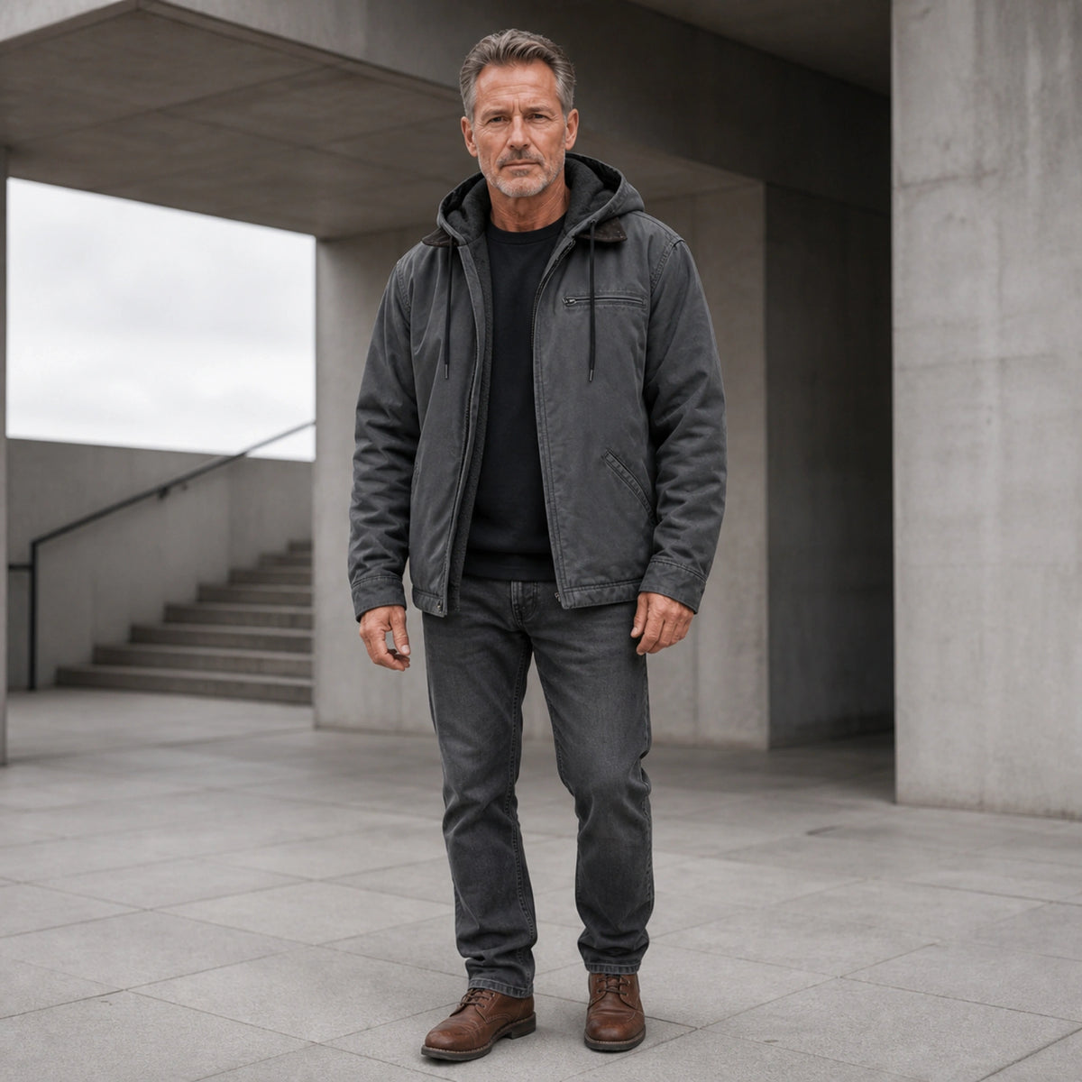 winter coat — Charcoal gray fleece lined hooded workwear jacket complete front view — view 3