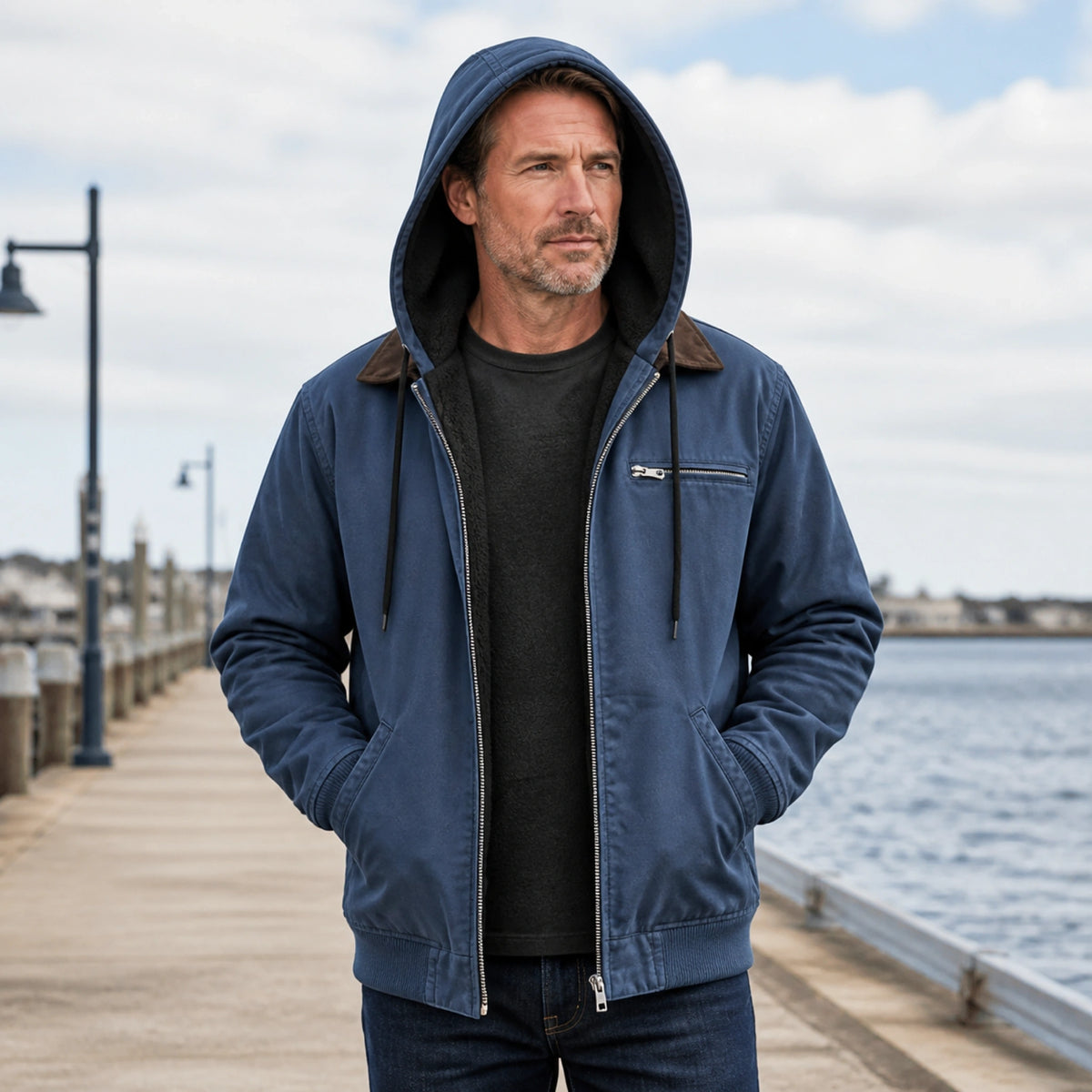 winter coat — Navy blue fleece lined hooded workwear jacket complete front view — view 4