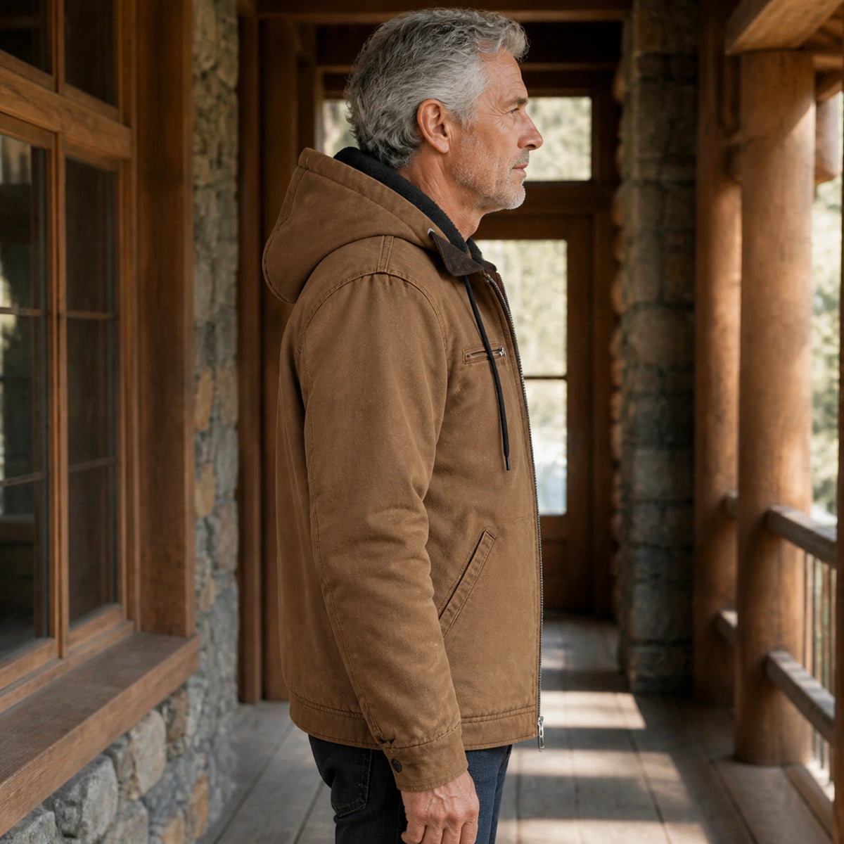 winter coat — Warm brown hooded workwear jacket true side view — view 5