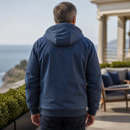 winter coat — Navy blue hooded workwear jacket direct rear view — view 6
