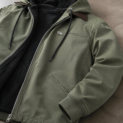 winter coat — Sage green workwear jacket fleece lining zipper pocket cuff and hood detail — view 7