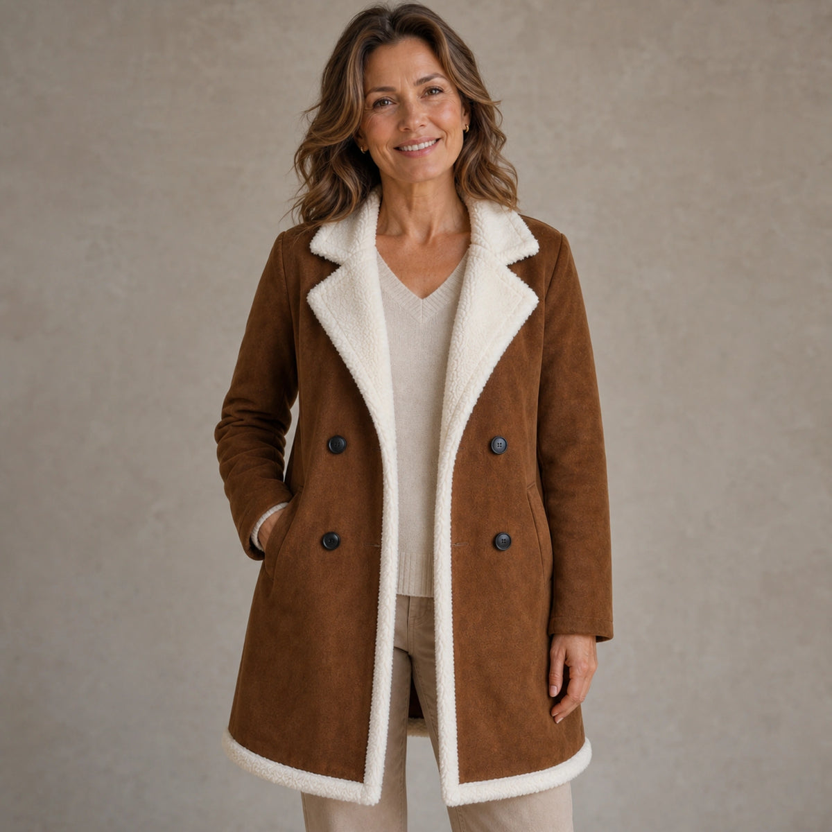 winter coat — Mature woman wearing chestnut brown faux suede ivory shearling trim longline coat front view