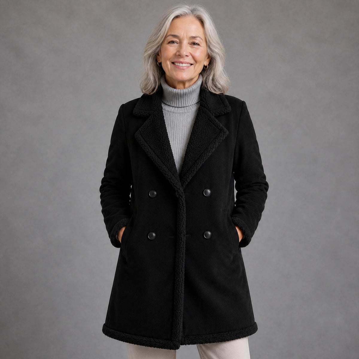 winter coat — Mature woman wearing black faux suede shearling trim longline coat front view — view 2