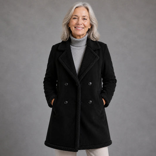 winter coat — Mature woman wearing black faux suede shearling trim longline coat front view — view 2