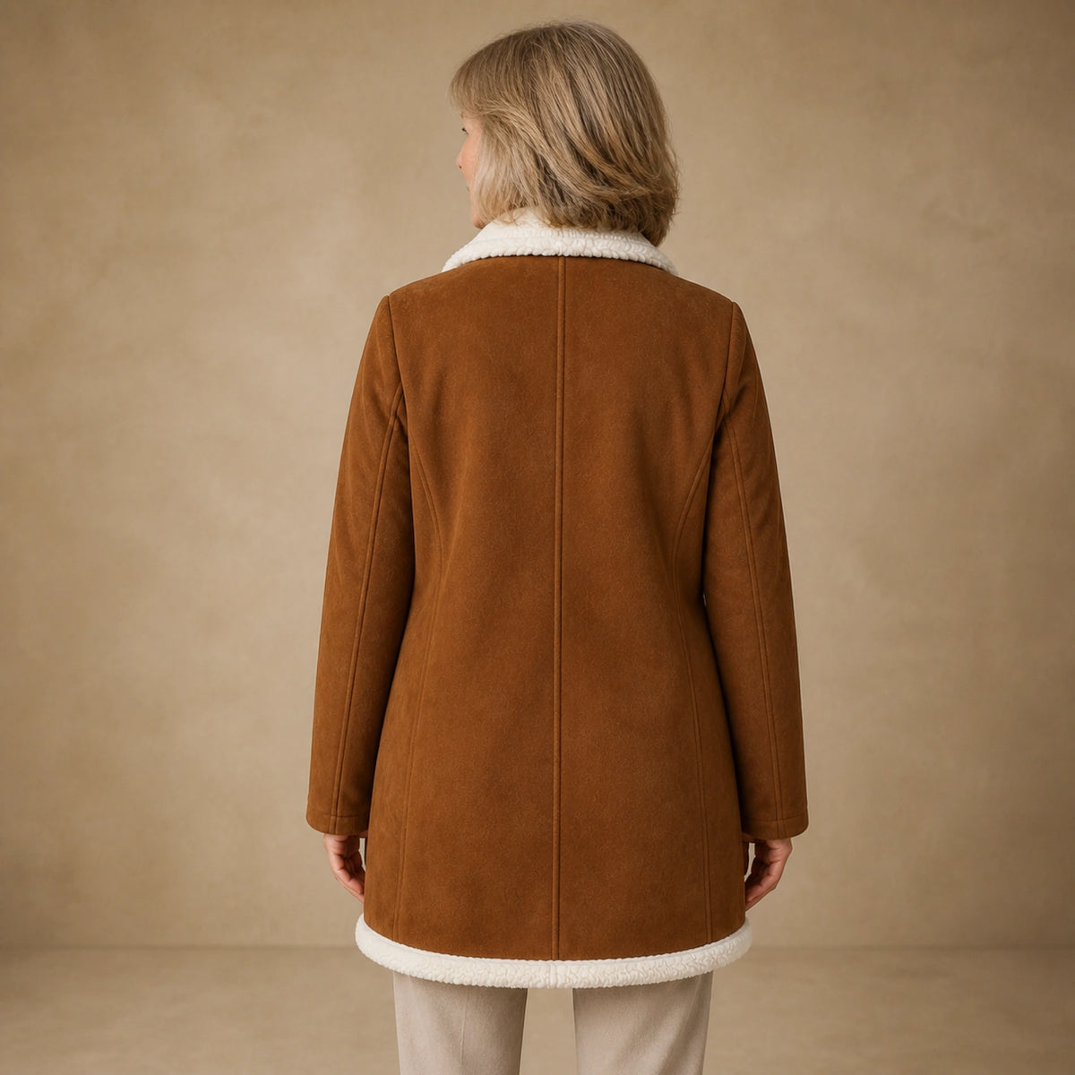 winter coat — Chestnut brown shearling trim longline coat direct rear view — view 3