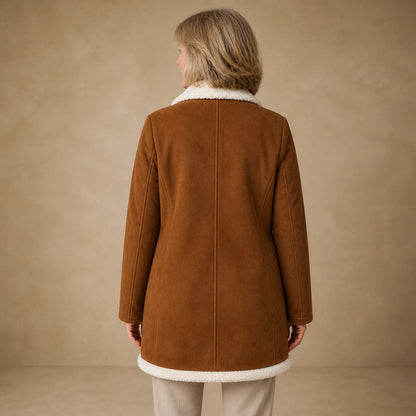 winter coat — Chestnut brown shearling trim longline coat direct rear view — view 3