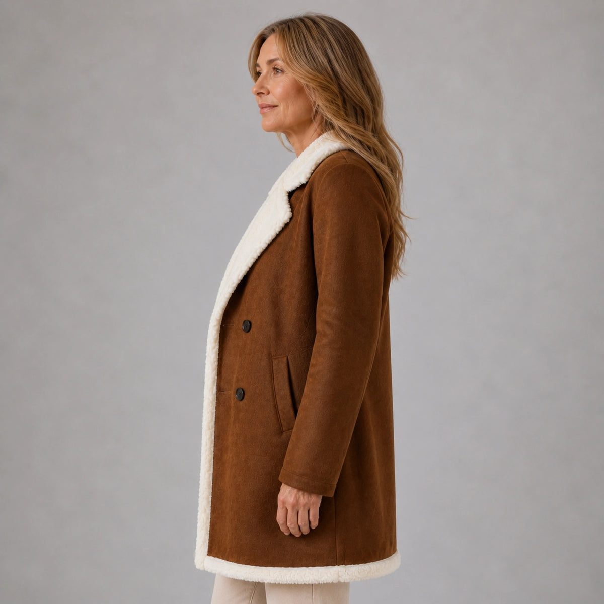 winter coat — Chestnut brown shearling trim coat true side view — view 5