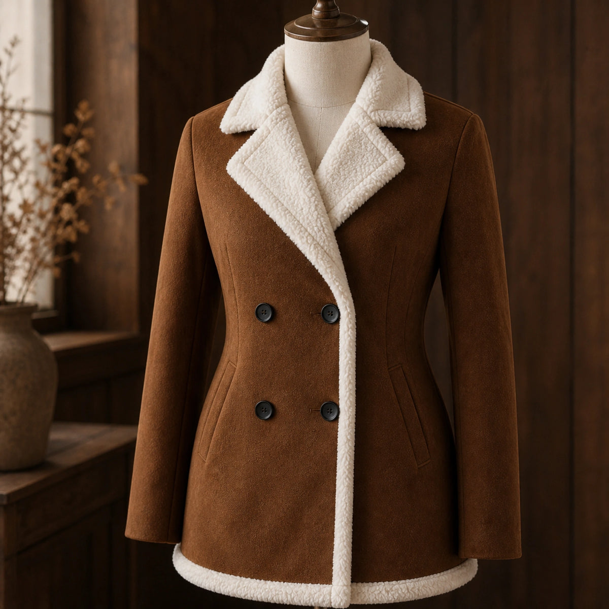 winter coat — Chestnut brown coat plush lapel buttons suede texture pocket and hem detail — view 6