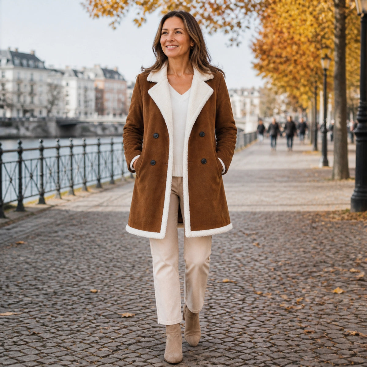 winter coat — Mature woman wearing chestnut brown shearling trim coat on an autumn promenade — view 7
