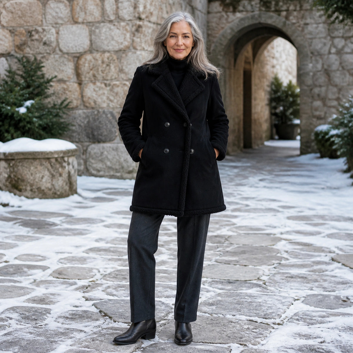 winter coat — Mature woman wearing black shearling trim coat in a snowy stone courtyard — view 8
