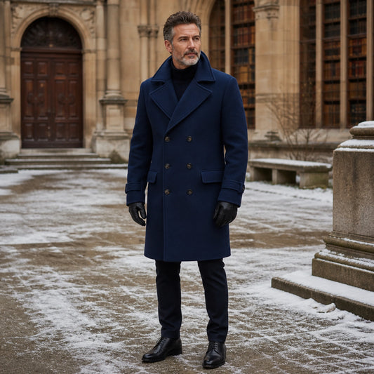 Navy blue double breasted wool winter coat complete front view