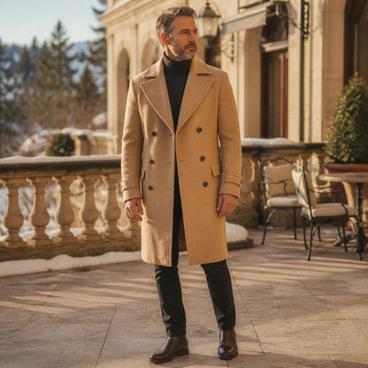 Camel double breasted wool winter coat complete front view — view 2