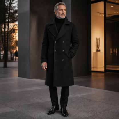 Black double breasted wool winter coat complete front view — view 3
